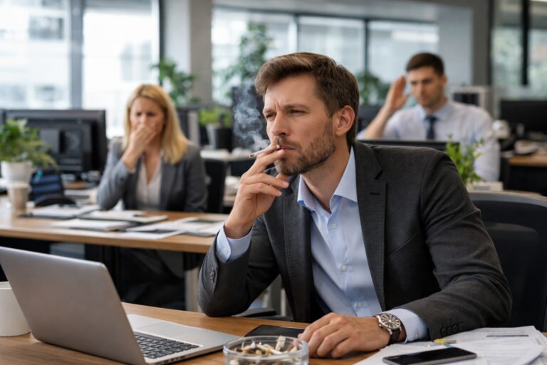 Image of a man smoking inside an office clearly showing that the IAQ is not healthy for the other emloyees.