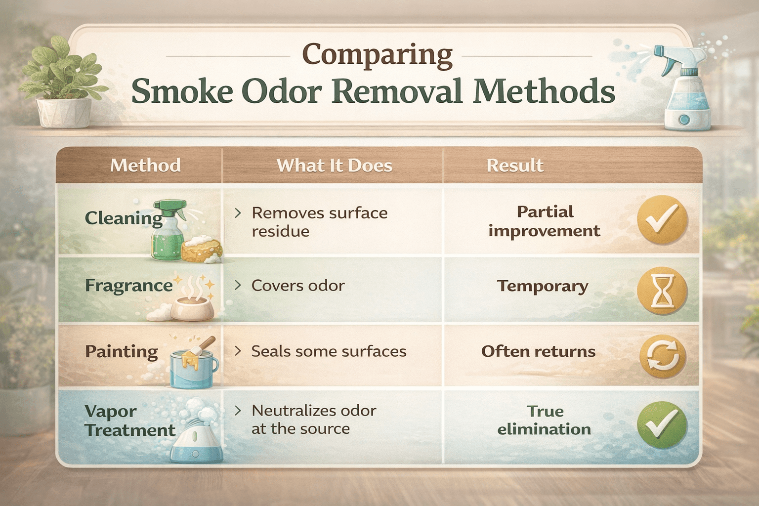 Smoke odor removal comparison infographic showing cleaning, fragrance, painting, and vapor treatment methods with their effectiveness, highlighting vapor treatment as true odor elimination