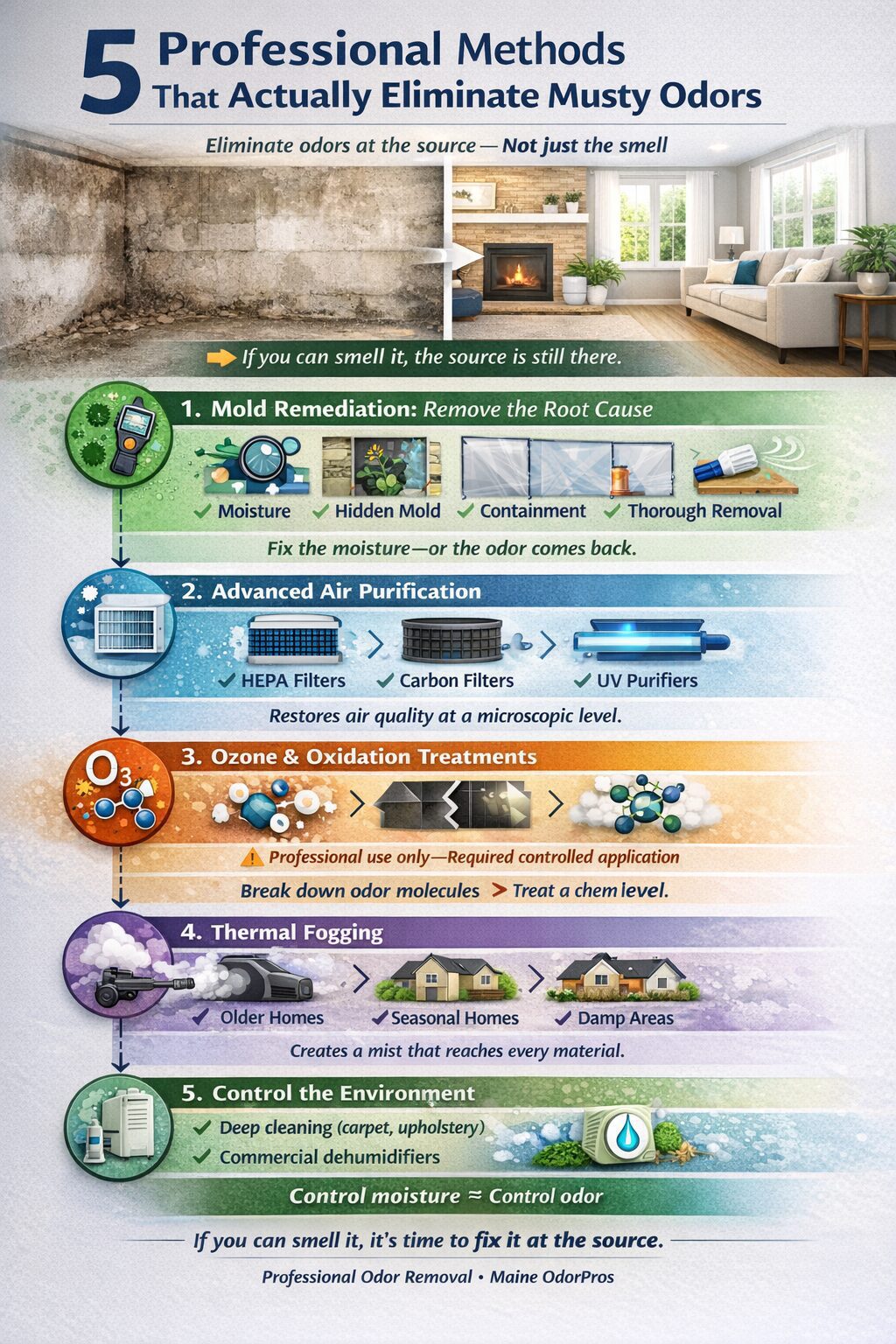 infograph of 5 professional methods that are used to eliminate musty odors