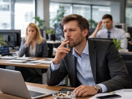 Image of a man smoking inside an office clearly showing that the IAQ is not healthy for the other emloyees. {{brizy_dc_image_alt entityId=